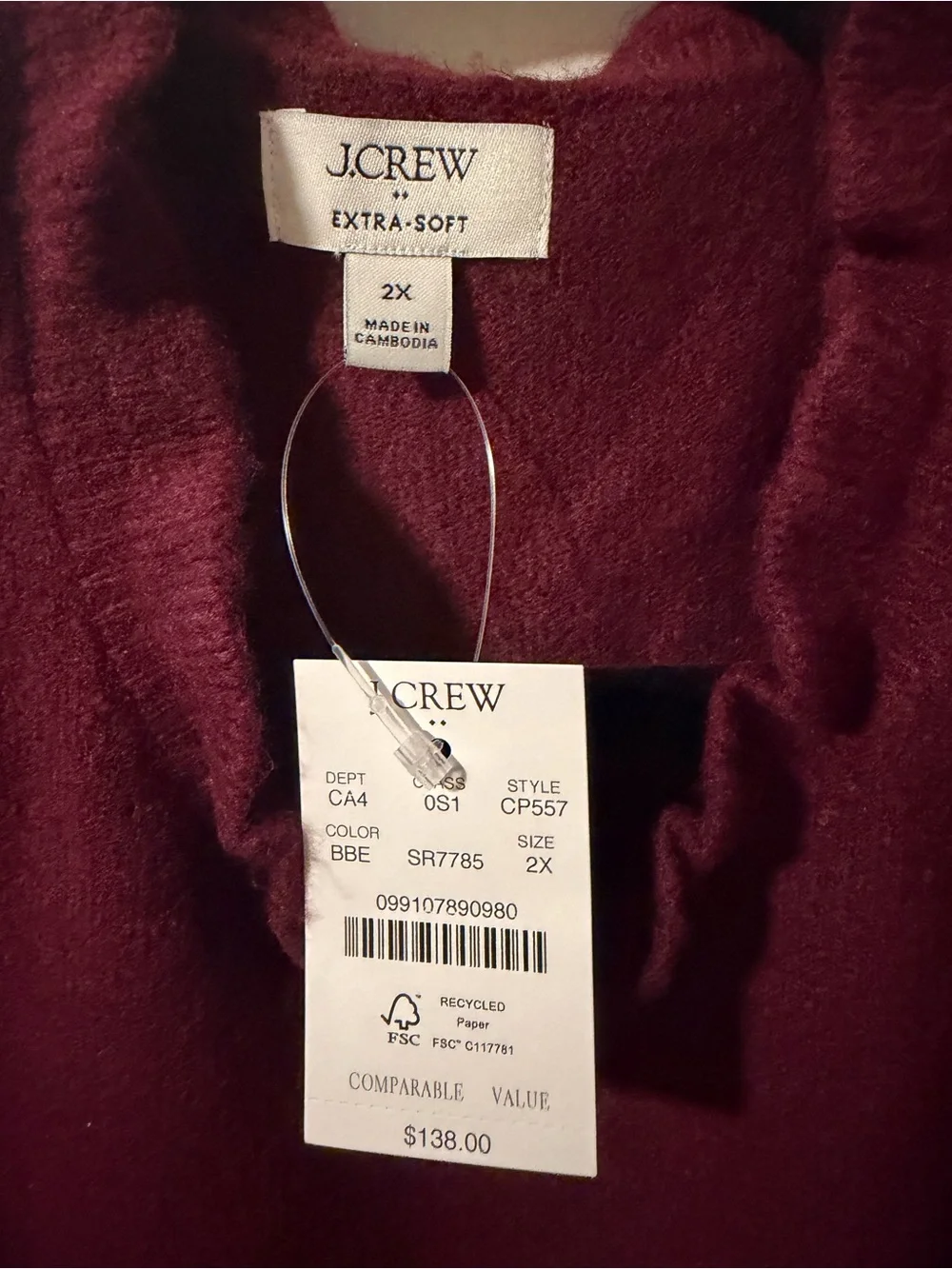 J.Crew Factory Ruffleneck Sweater Above Knee Dress Burgundy Berry Plus Size 2X